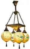 Handel Company, Four-Globe Chandelier, blown and decorated glass, brass, painted with parrot motifs, each of the shades with an ink stencil 'HANDEL', armature stamped 'HANDEL'