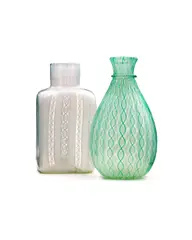 Two Zanfirico Vases by Paolo Venini, for Venini, blown and internally decorated glass, cylindrical example with three-line acid stamp 'Venini murano ITALIA', sold Aug 2024
