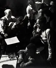 Charlie Parker with the Metronome All Stars (Billy Bauer, Eddie Safranski, Lennie Tristano) by Herman Leonard, 1949, Gelatin silver print, sold Apr 2024