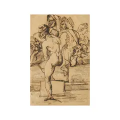 Théodore Géricault, Scène orientale (Le Massacre des Janissaires ?) (recto) ; Croquis (ilisible) (verso), black chalk, pen and brown ink, on paper partially laid down