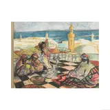 La terrasse animée face à la mer by début du XXe siècle Ecole d'Afrique du Nord, black chalk, watercoleur on cardboard, sold Mar 2024