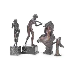 Gotthilf Jaeger, and Victor Henrich Seifert (Austria, 1870-1953): Two patinated bronze figures of female nudes together with a small cold painted spelter figure of a geisha and a  bronzed spelter bust after Emmanuel V, patinated bronze