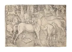 Hans Baldung Grien, Group of Seven Wild Horses and a Monkey (Bartsch  57), Woodcut, 1534, on laid paper