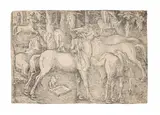 Hans Baldung Grien, Group of Seven Wild Horses and a Monkey (Bartsch  57), Woodcut, 1534, on laid paper