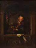 Gerrit Dou, A Minstrel playing his violin at a window, a room with a globe and a painting on an easel beyond, oil on canvas