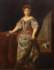 Pier Francesco Cittadini, Portrait of a young girl, standing before a curtain, oil on canvas