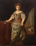 Pier Francesco Cittadini, Portrait of a young girl, standing before a curtain, oil on canvas