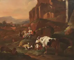 A shepherdess with a child resting in a rocky landscape with her flock by Johann Heinrich Roos, oil on canvas, sold Dec 2024