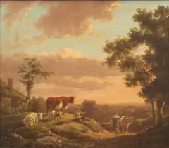 Jacob van Strij, A herdsman resting with his cattle, and a woman travelling with a donkey before a landscape, oil on panel