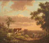 Jacob van Strij, A herdsman resting with his cattle, and a woman travelling with a donkey before a landscape, oil on panel