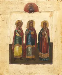Russia, in style of 16-17th century by Icon of the Feast of the Three Holy Hierarchs - Saint Basil the Great, Gregory the Theologian, and John Chrysostom, sold Dec 2024
