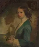 Portrait of young woman in a blue gown by English School, oil on canvas, sold Nov 2024