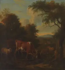 Michiel Carree, Cows and sheep before a landscape, oil on canvas