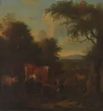 Michiel Carree, Cows and sheep before a landscape, oil on canvas