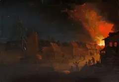 Johann Georg Trautmann, A village scene at night with a cottage on fire, oil on panel