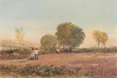 Ows David Cox Senior, Ploughing in Surrey, watercolour, pen and ink over traces of pencil