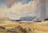 William Heaton Cooper, Lakeland fells and tarn, watercolour over traces of pencil