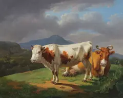 Johann Baptist, Stier und Kuh auf einer Anhöhe in Gebirgslandschaft, oil on panel
