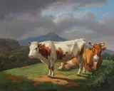 Johann Baptist, Stier und Kuh auf einer Anhöhe in Gebirgslandschaft, oil on panel