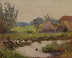 Duck pond before a barn by Frederick Hall, oil on panel, sold Sep 2024