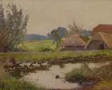 Frederick Hall, Duck pond before a barn, oil on panel