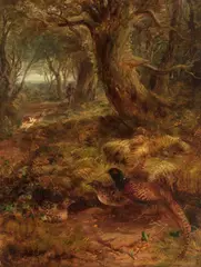 J. Wainright, Pheasants in a wood, sportsman and dog beyond, oil on canvas