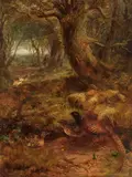 J. Wainright, Pheasants in a wood, sportsman and dog beyond, oil on canvas