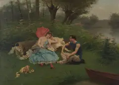 Jules Scalbert, Picnic by the river, oil on canvas