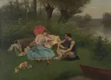 Jules Scalbert, Picnic by the river, oil on canvas