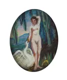 Leda and the Swan by Gerald Festus Kelly Ra, oil reverse painted on glass, offered Sep 2024