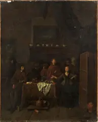 Jan Baptist Lambrechts, An interior scene with figures dining, oil on canvas