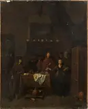 Jan Baptist Lambrechts, An interior scene with figures dining