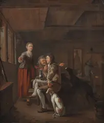 Ludolf de Jongh, Hunters and a landlady in a tavern interior, oil on canvas
