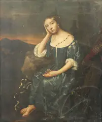 Pierre Mignard, Portrait of a young lady as Diana, seated in a landscape with her dog, oil on canvas