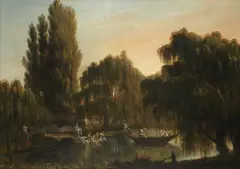 German School, A river landscape, with figures boating and women washing clothes on the shore, oil on canvas
