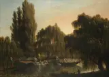 German School, A river landscape, with figures boating and women washing clothes on the shore, oil on canvas