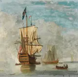 Peter Monamy, A Ship-of-the-Line, with an Admiral of the Fleet aboard, preparing to make sail and depart the anchorage, oil on canvas