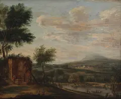Dionys Verburgh, A river landscape with figures before dwellings, oil on panel