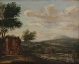 Dionys Verburgh, A river landscape with figures before dwellings, oil on panel