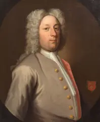 English School, Portrait of Philip Musard, bust-length, in a grey coat, within a painted oval; and Portrait of Constance Musard, bust-length, in red, within a painted oval, a pair, oil on canvas