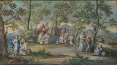 French School, Moses and the gathering of manna, gouache on paper, a fan design