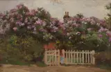 Figure by a gate in spring by British School, oil on panel, sold May 2024