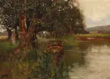 Henry Charles Fox, Figure by a riverbank, oil on board