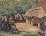 Jean Burgess, Market M'Babane, Africa, oil on canvas board