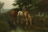 George Wright, Taking the horses to water, oil on canvas