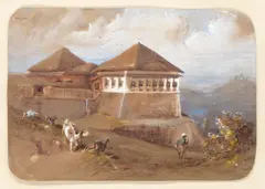 English School, A view of Mercara Fort (Madikeri Fort) circa 1852 and three additional views believed to be in Coorg, India, watercolour heightened with white