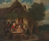 Dutch School, Figures playing cards before a country inn, oil on canvas