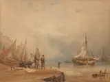 Beach scene with boats moored at low tide by P.O.W.S. Anthony Vandyke Copley Fielding, watercolour, offered Apr 2024