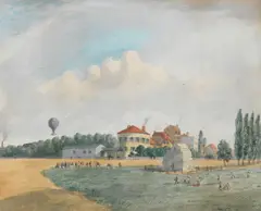 E. H. Dixon, A hot air balloon over Kentish Town, watercolour