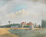 E. H. Dixon, A hot air balloon over Kentish Town, watercolour